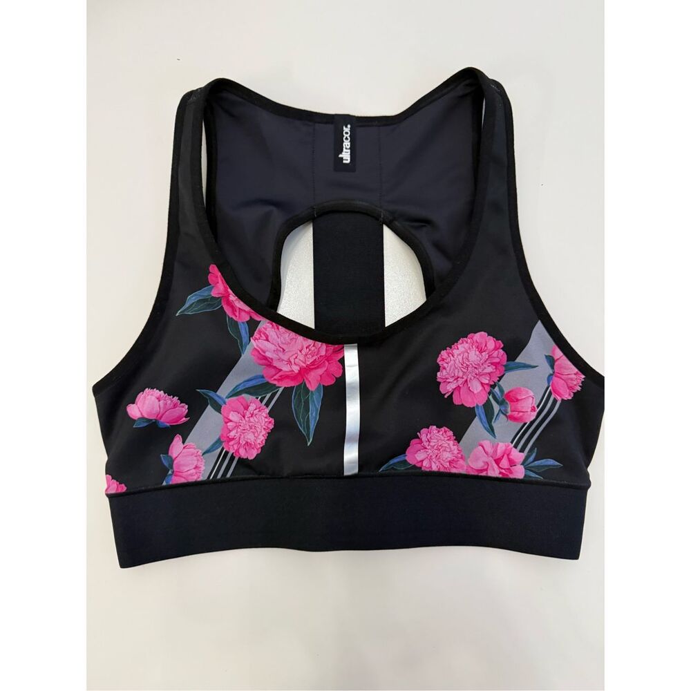 Ultracor Black Pink Carnation Flower Floral Stripe Luna Racerback Sports Bra S